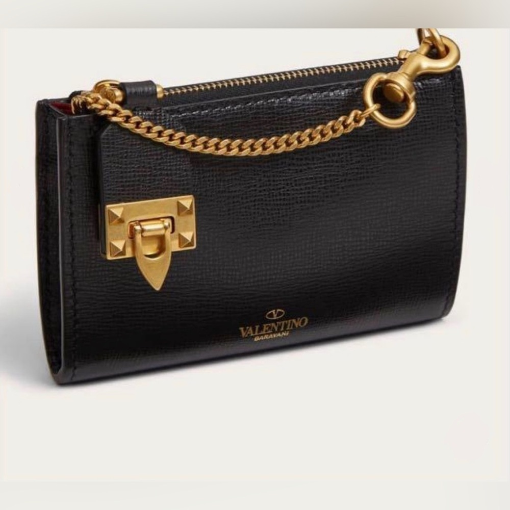 Valentino Garavani Rockstud Zipper Coin Purse Cardholder Grainy Calfskin Leather - Picture 2 of 12